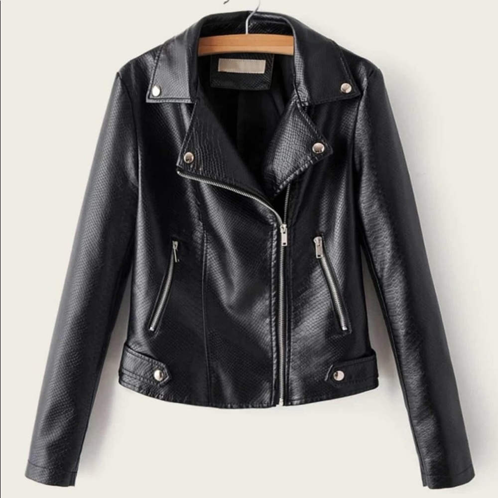 Snake embrossed vegan leather jacket black moto - Picture 1 of 6